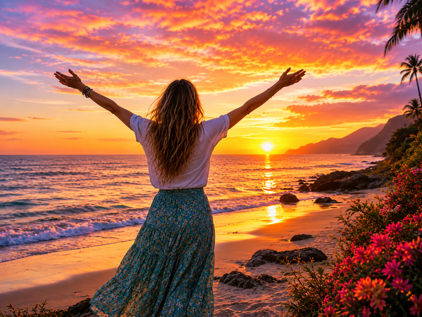 A woman standing on a beach at sunset with her arms raised, facing the ocean, with a vibrant orange and pink sky, palm trees, rocks, and flowers nearby.