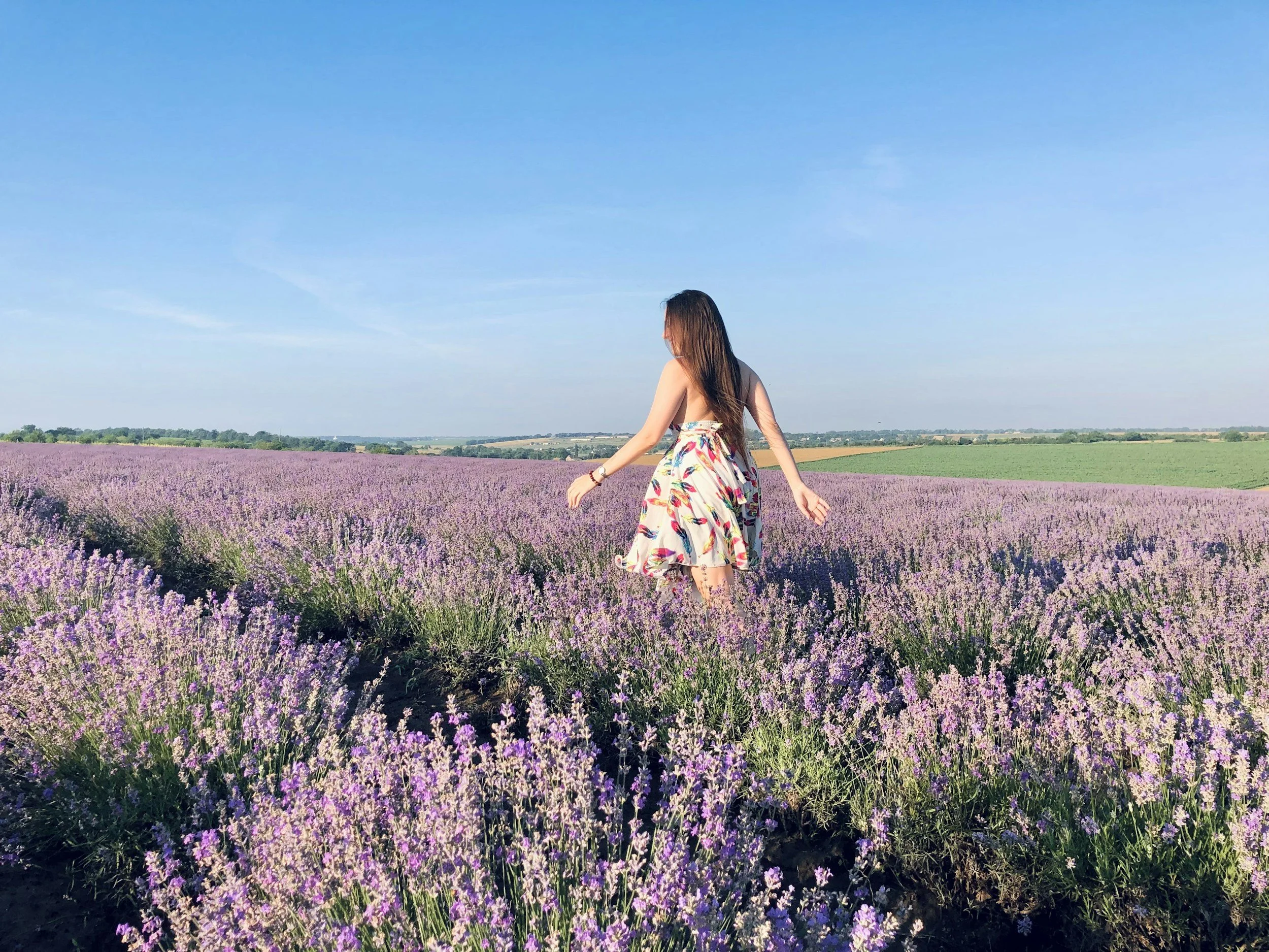 A woman with long dark hair wearing a colorful floral dress walking through a field of purple lavender flowers under a clear blue sky.