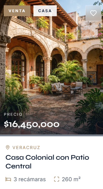 Casa colonial con patio central, arcos y plantas verdes, en Veracruz, con precio de $16,450,000, en venta.