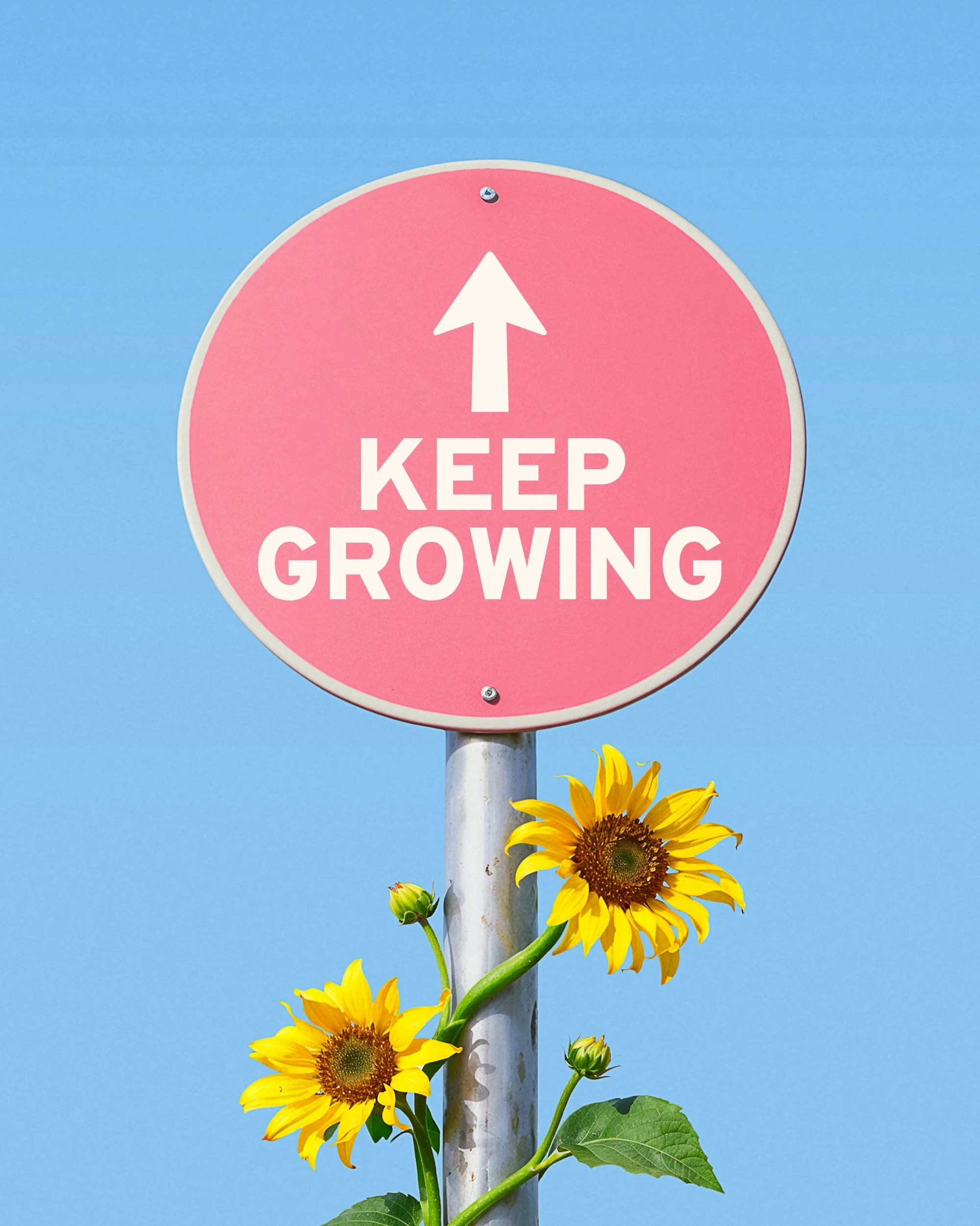 A round pink traffic sign with white text and an arrow pointing upward, reading 'KEEP GROWING,' attached to a white pole with sunflowers growing around it against a clear blue sky.