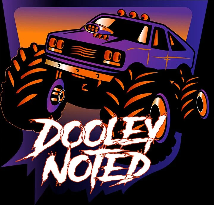 A stylized illustration of a monster truck with large tires, a purple body, and orange accents, featuring the text 'Doley Noded' in a jagged, white font.