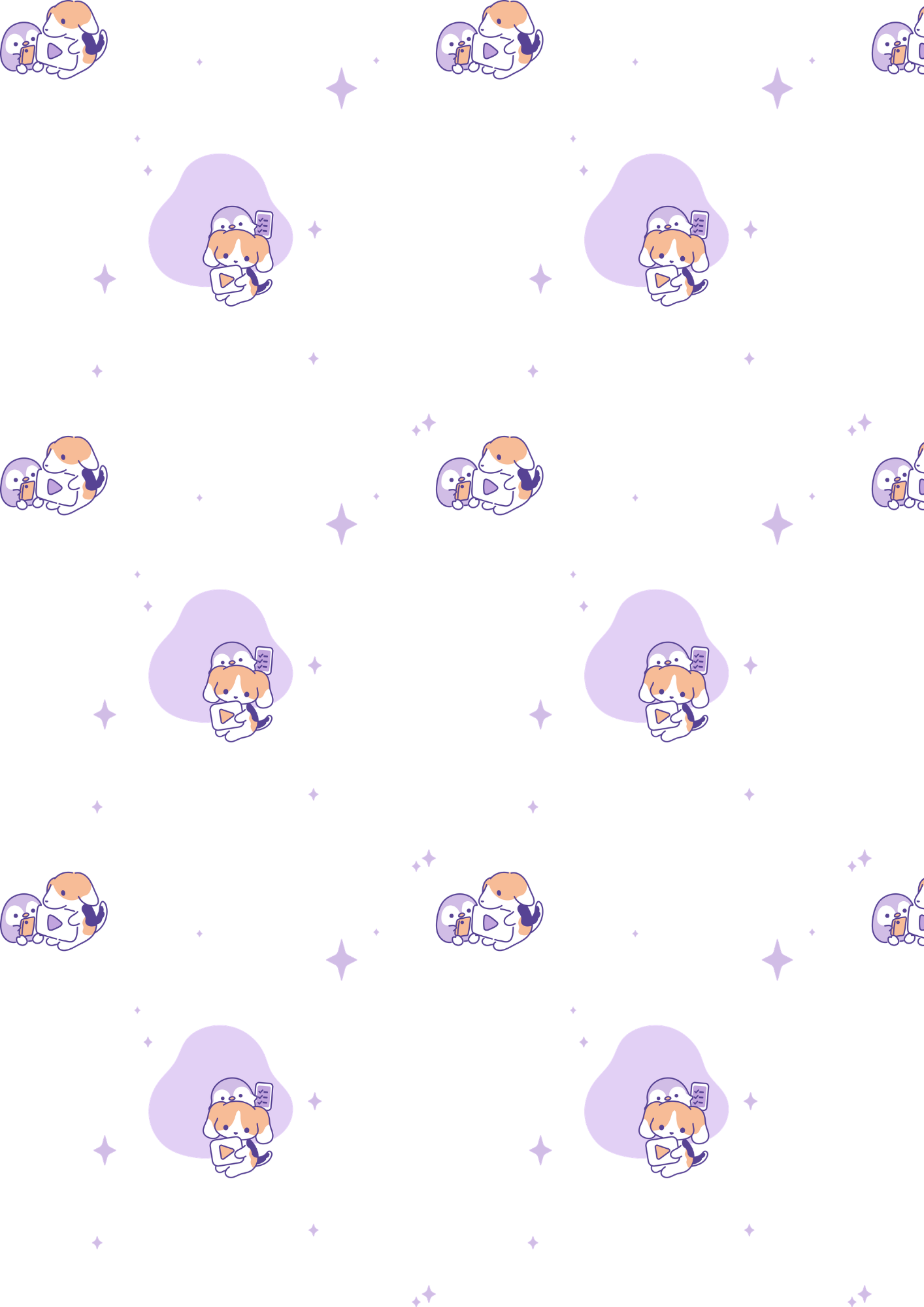 Cute digital pattern featuring cartoon dogs with tablets, surrounded by small purple stars and sparkles.
