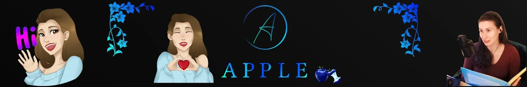 A digital graphic with cartoon women, blue floral accents, and the text "Apple" with an apple image, and a woman speaking into a microphone.
