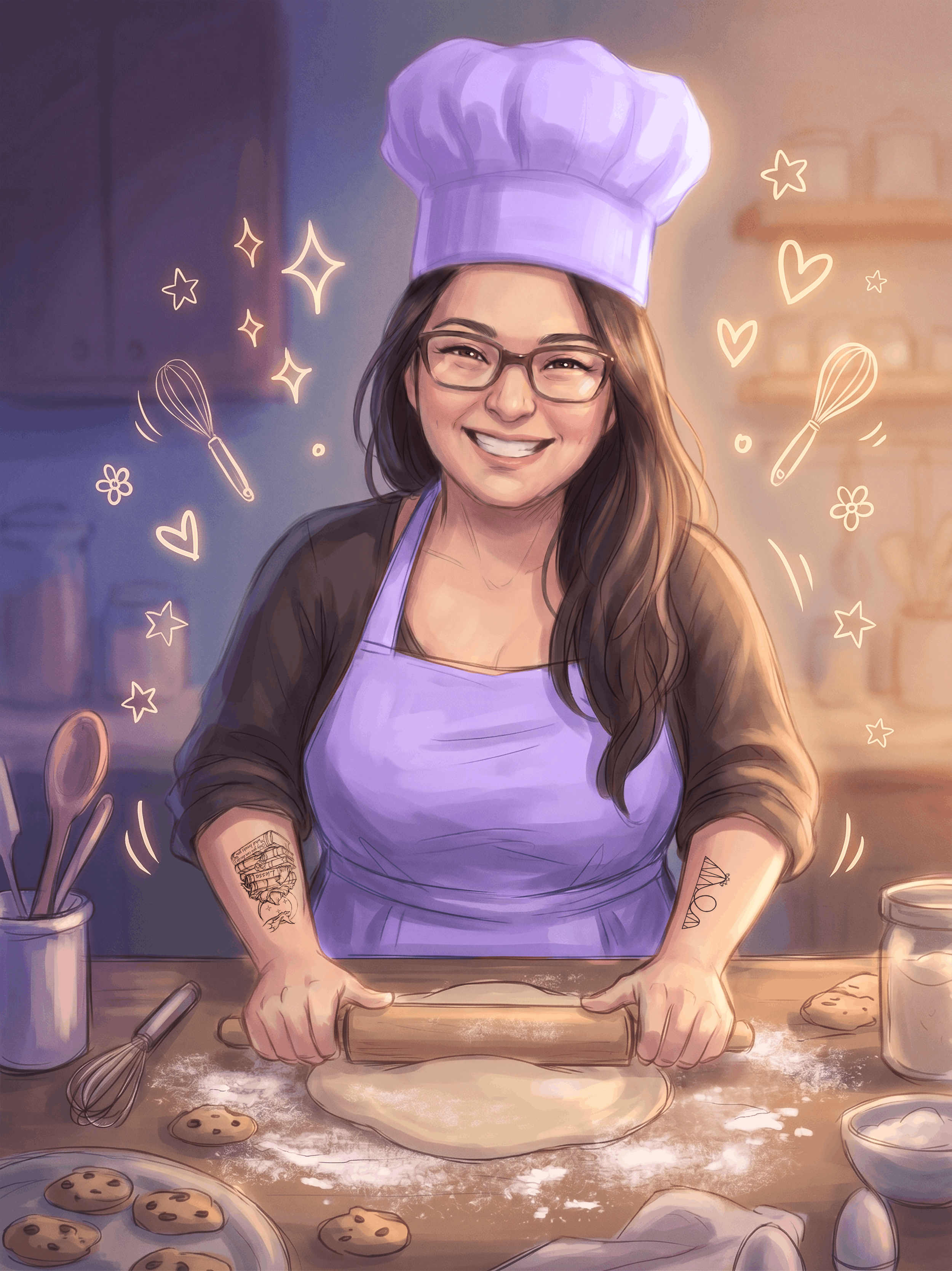 A woman with glasses and tattoos, wearing a purple chef's hat and apron, is rolling out cookie dough in a kitchen. She is smiling and has flour on the table. There are cookies on a tray, cookie cutters, a whisk, a rolling pin, and a bowl with ingredients around her.