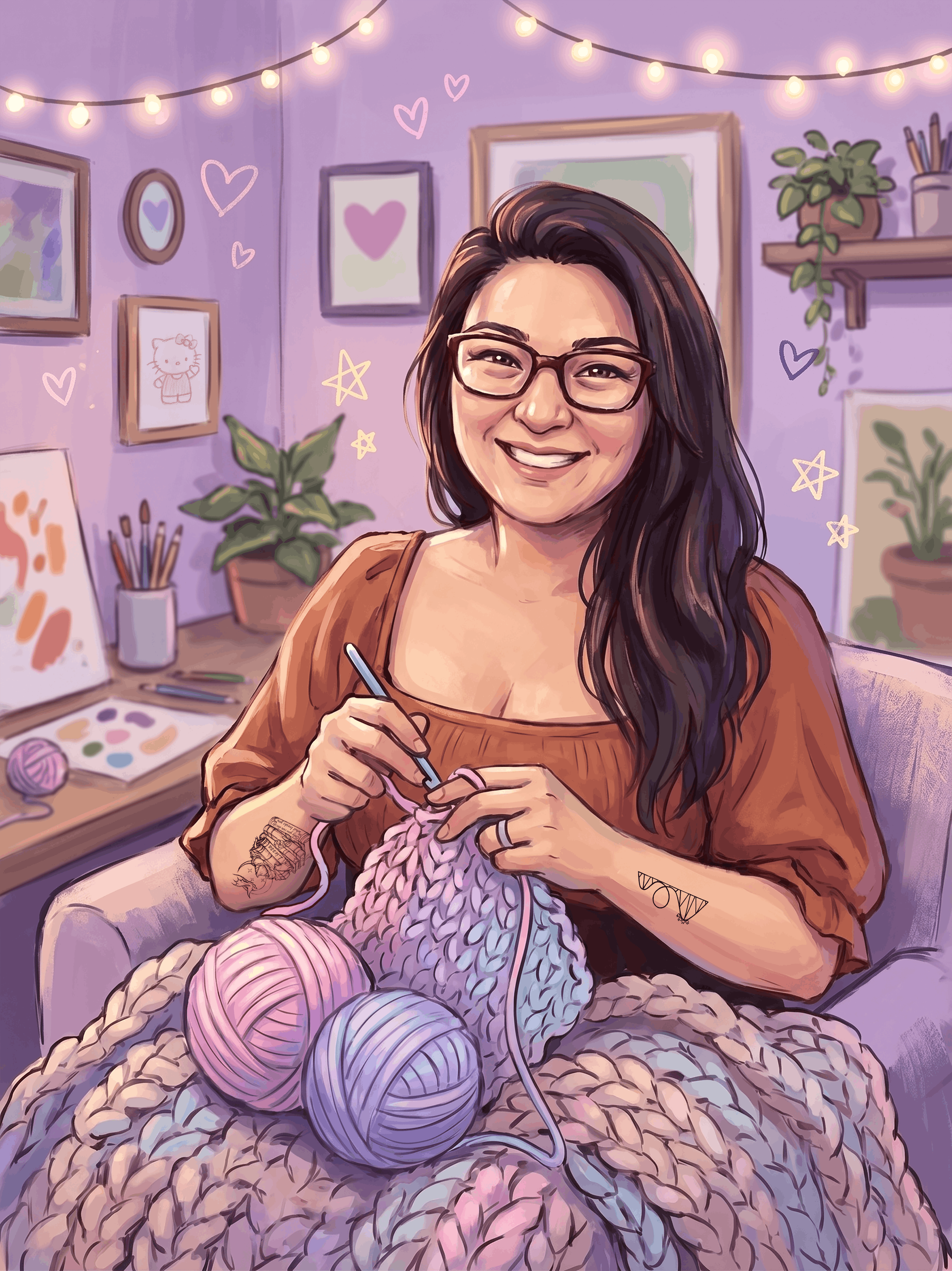 A woman with glasses smiling while knitting in a cozy room decorated with string lights, framed pictures, plants, and art supplies, surrounded by yarn balls.