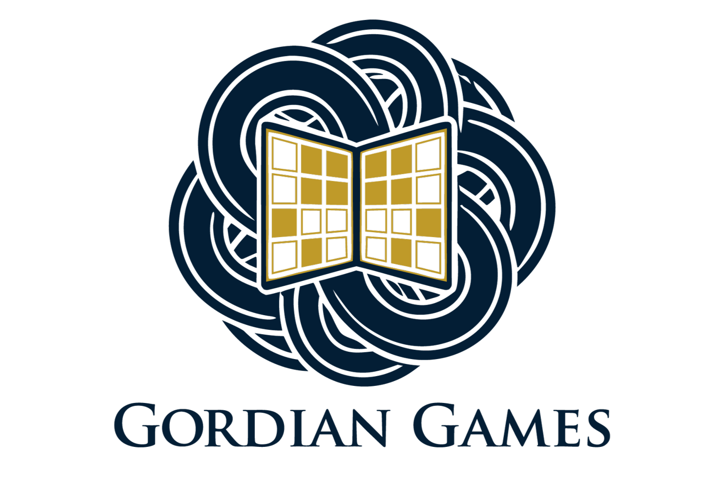A logo featuring an open window with yellow panels and black outlines, with a dark blue swirling background, and the text "Gordian Games" below.