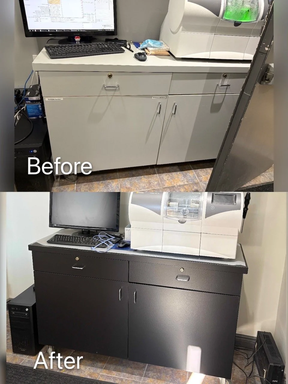 A side-by-side comparison of a work station. The top shows the 'Before' version with a light gray cabinet, a computer monitor and keyboard, and miscellaneous items. The bottom shows the 'After' version with a dark gray cabinet, a different computer m