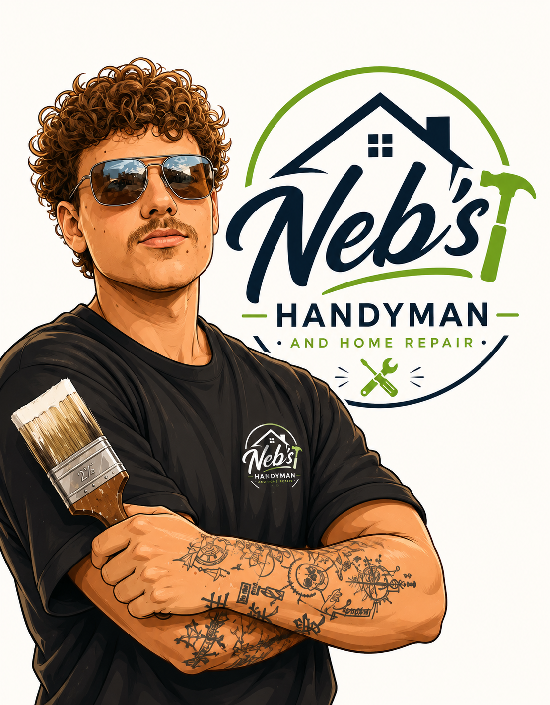 A man with curly hair wearing sunglasses and a black t-shirt with 'Neb's Handyman' logo, holding a paintbrush, standing in front of a logo for Neb's Handyman and Home Repair.