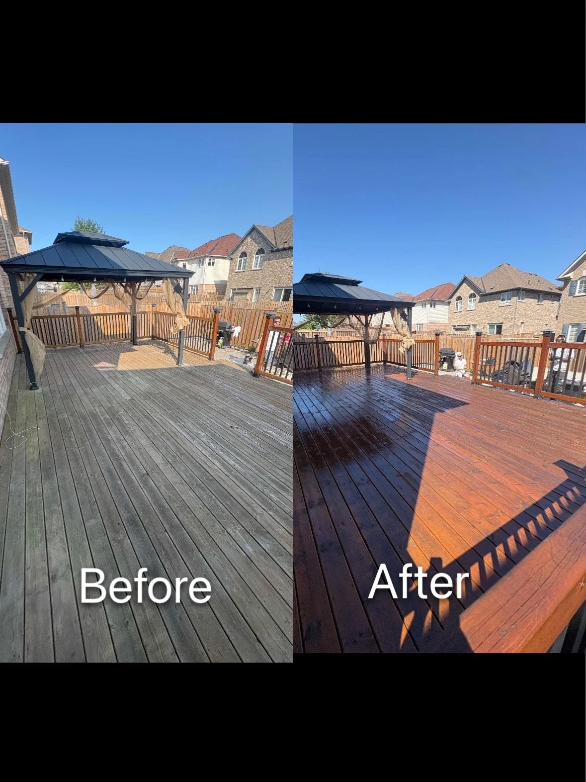 Side-by-side comparison of a backyard deck before and after cleaning and staining: the 'Before' side shows a weathered, grayish wooden deck, while the 'After' side shows a freshly stained, rich reddish-brown deck under bright sunlight.