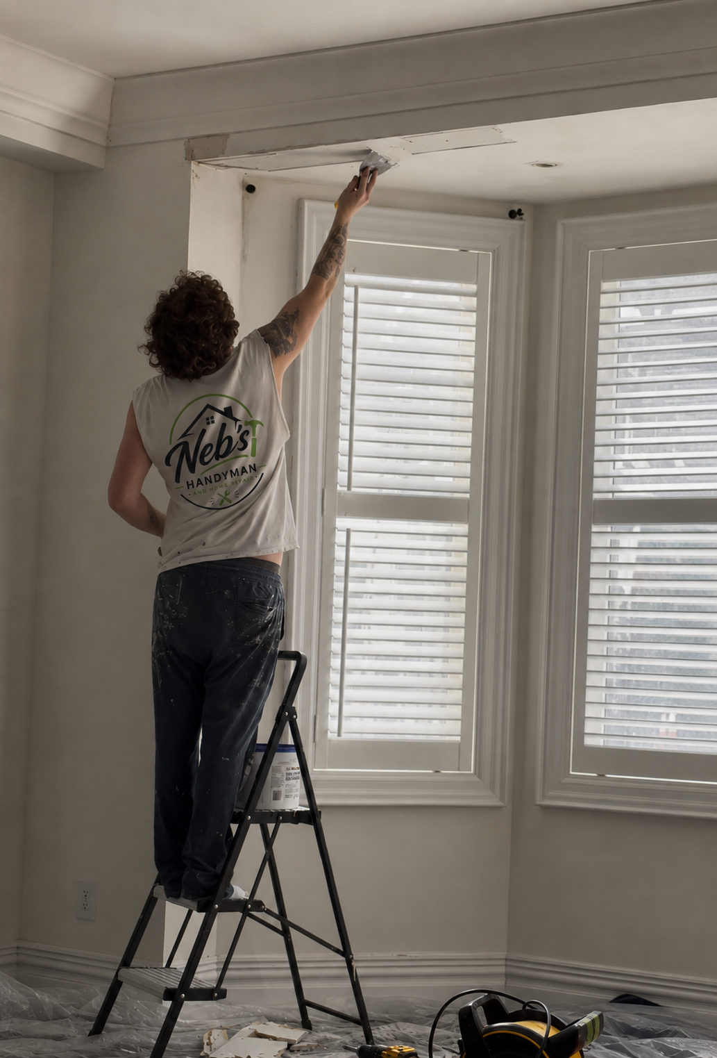 Person standing on ladder painting a ceiling near windows with white shutters, wearing a sleeveless shirt and work pants, with tools and supplies on the floor.
