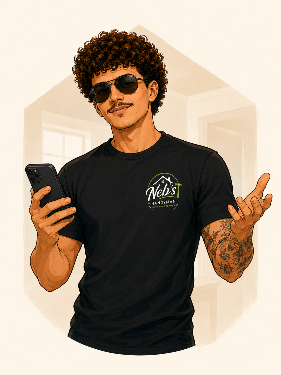 A young man with curly hair, wearing sunglasses and a black T-shirt with a logo, holding a phone in one hand and gesturing with the other, with a background of a room with windows.