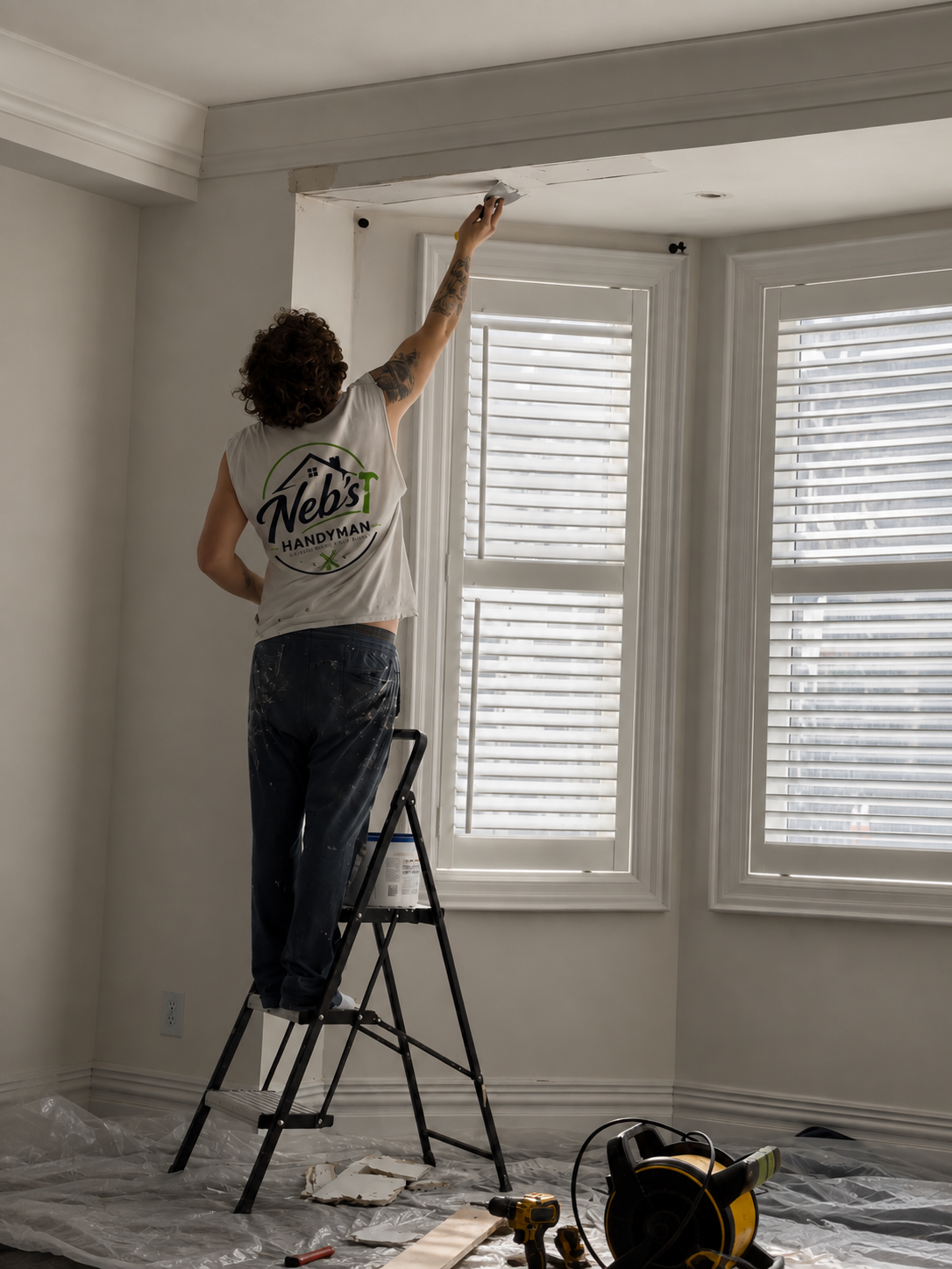 A woman on a ladder painting the ceiling of a room with white walls and large windows with shutters. She is wearing a sleeveless shirt with the logo 'Neb's Handyman' on the back and dark pants splattered with paint. Construction tools and a plastic s