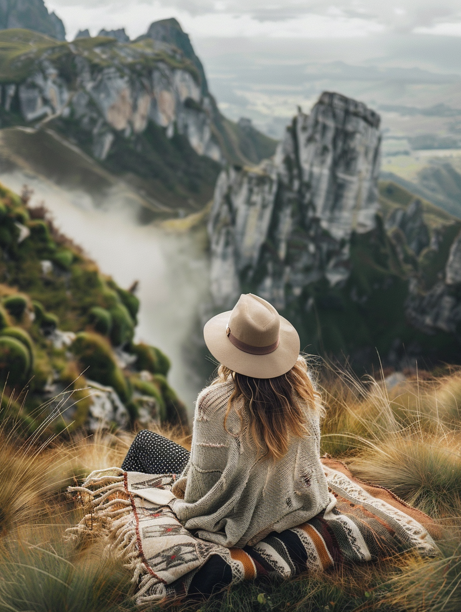A woman sitting on a blanket on a grassy hilltop, overlooking a mountainous landscape with large rock formations and mist below.