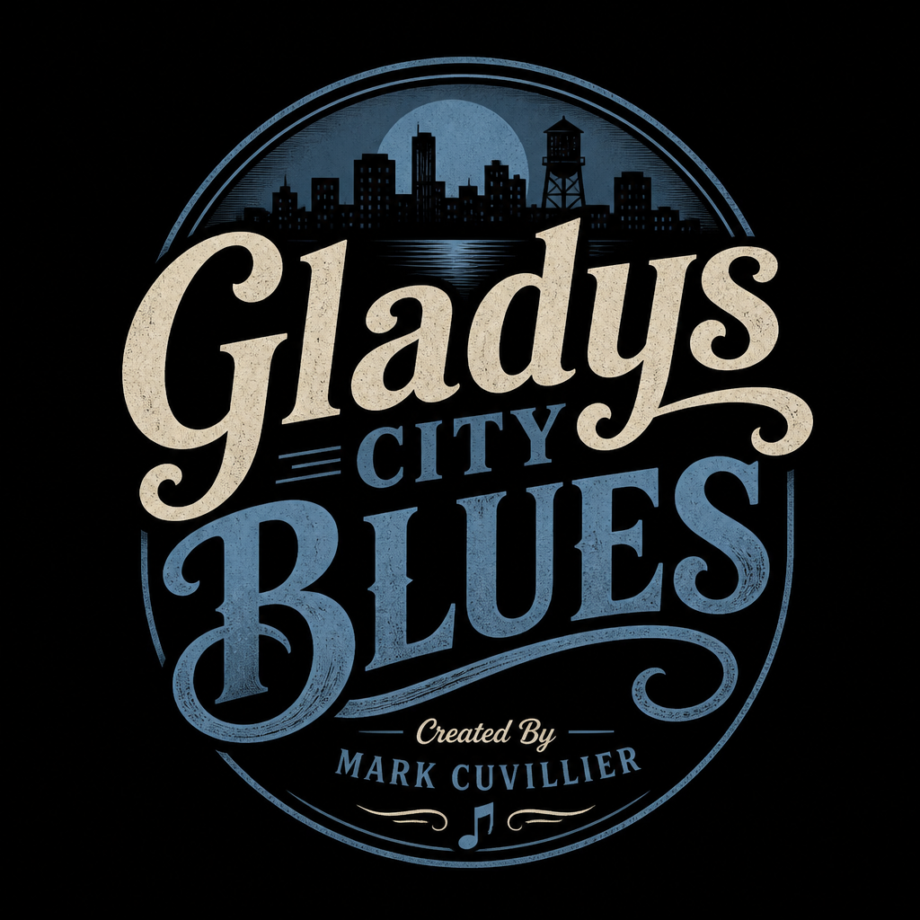 Design for a music show or event titled 'Gladys City Blues' with a city skyline and water tower silhouette in the background, featuring stylized text and a small musical note at the bottom.