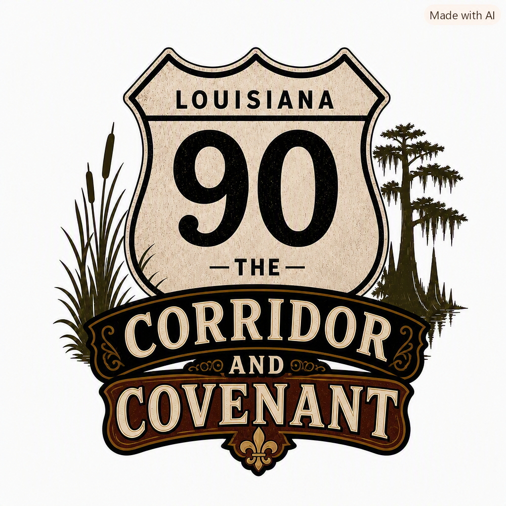 Sign for Louisiana Highway 90 with the words "The Corridor and Covenant" and decorative elements like cypress trees and grasses.
