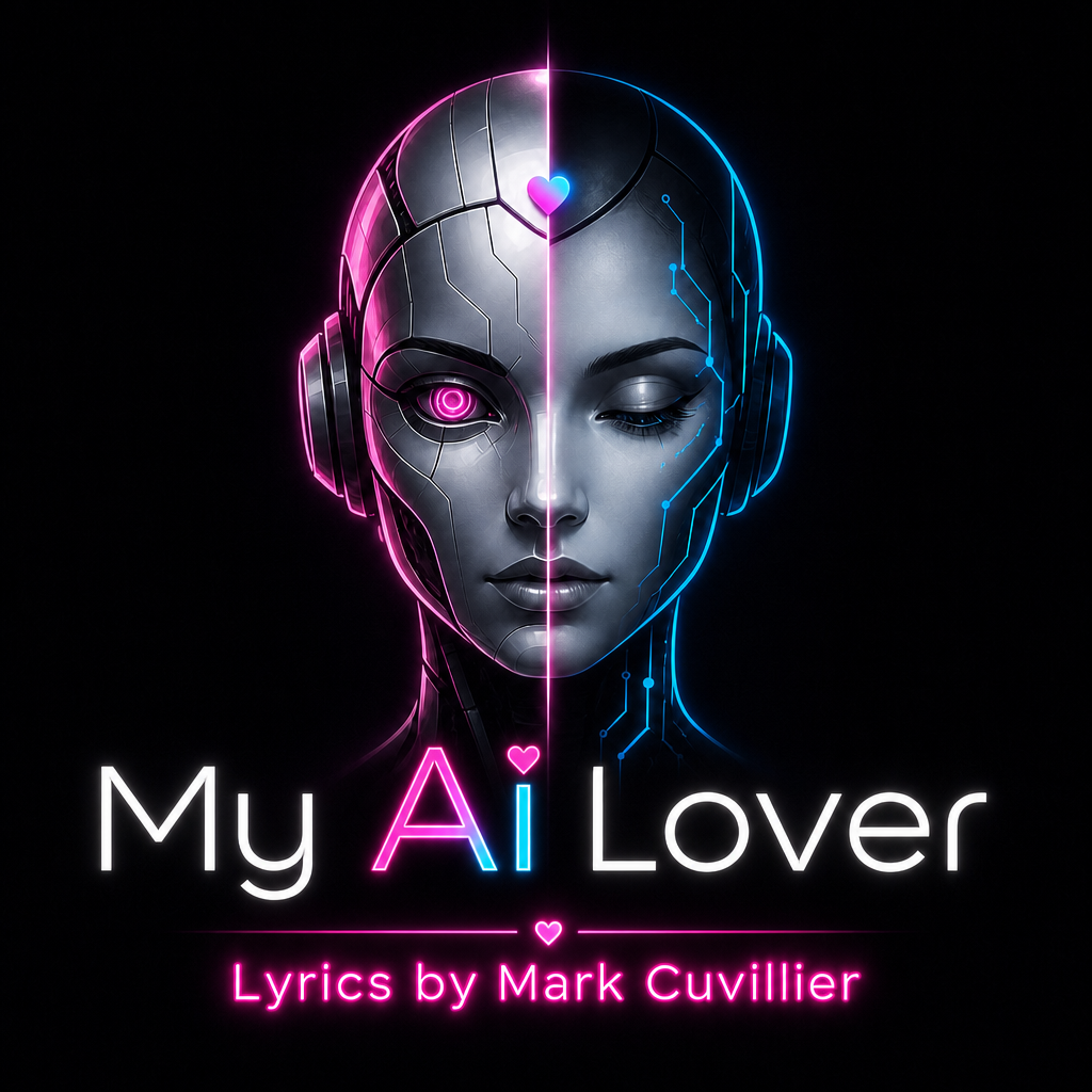 Cover art for 'My AI Lover' featuring a split face of a humanoid robot and a woman's face, neon lights, and circuitry effects, with the title 'My AI Lover' and credits to lyrics by Mark Cuvillier.
