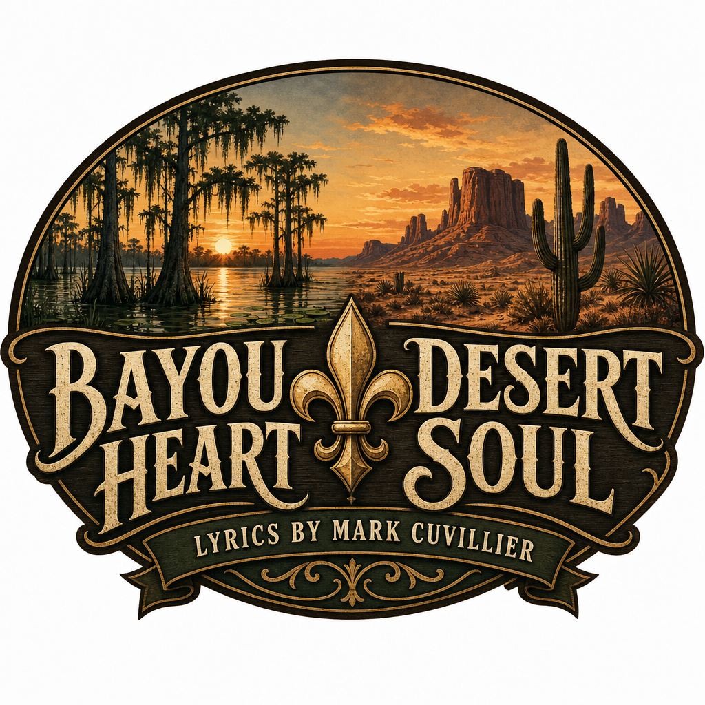 Illustration of a swamp with cypress trees and a sunset, desert landscape with mesa and cacti, with text 'Bayou Heart Desert Soul' and a fleur-de-lis symbol, indicating a musical album cover.