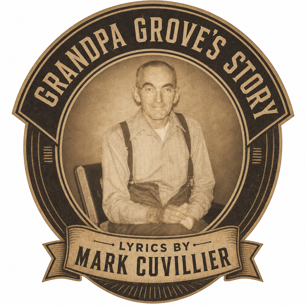 A sepia-toned vintage-style logo featuring a man with glasses and a collared shirt, sitting with hands clasped. The logo reads "Grandpa Grove's Story" and credits lyrics by Mark Cuvillier.