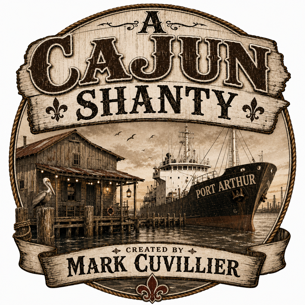 Vintage-style sign for a Cajun restaurant named Shanty, featuring an illustration of a fishing port with a dock, a house, a heron, and a docked ship named Port Arthur.