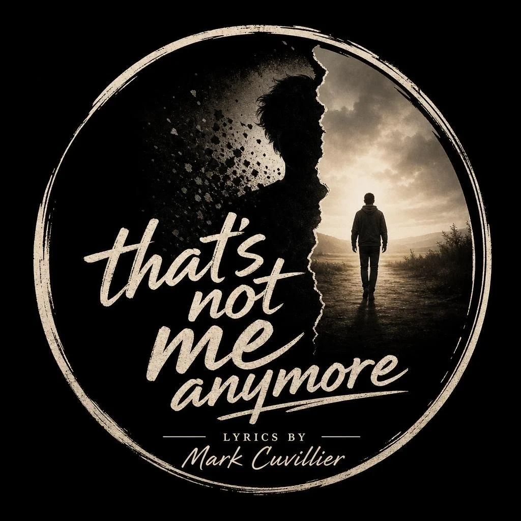 A circular design with half showing a person's silhouette breaking apart into particles on the left, and a person walking toward a sunset on the right. Text overlay reads 'that's not me anymore,' with additional text 'lyrics by Mark Cuvillier' at the bottom.