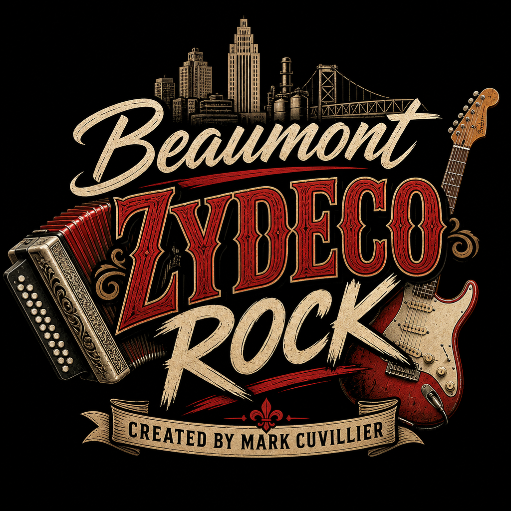 Design promoting Beaumont Zydeco Rock music, featuring a skyline, accordion, and electric guitar with text.