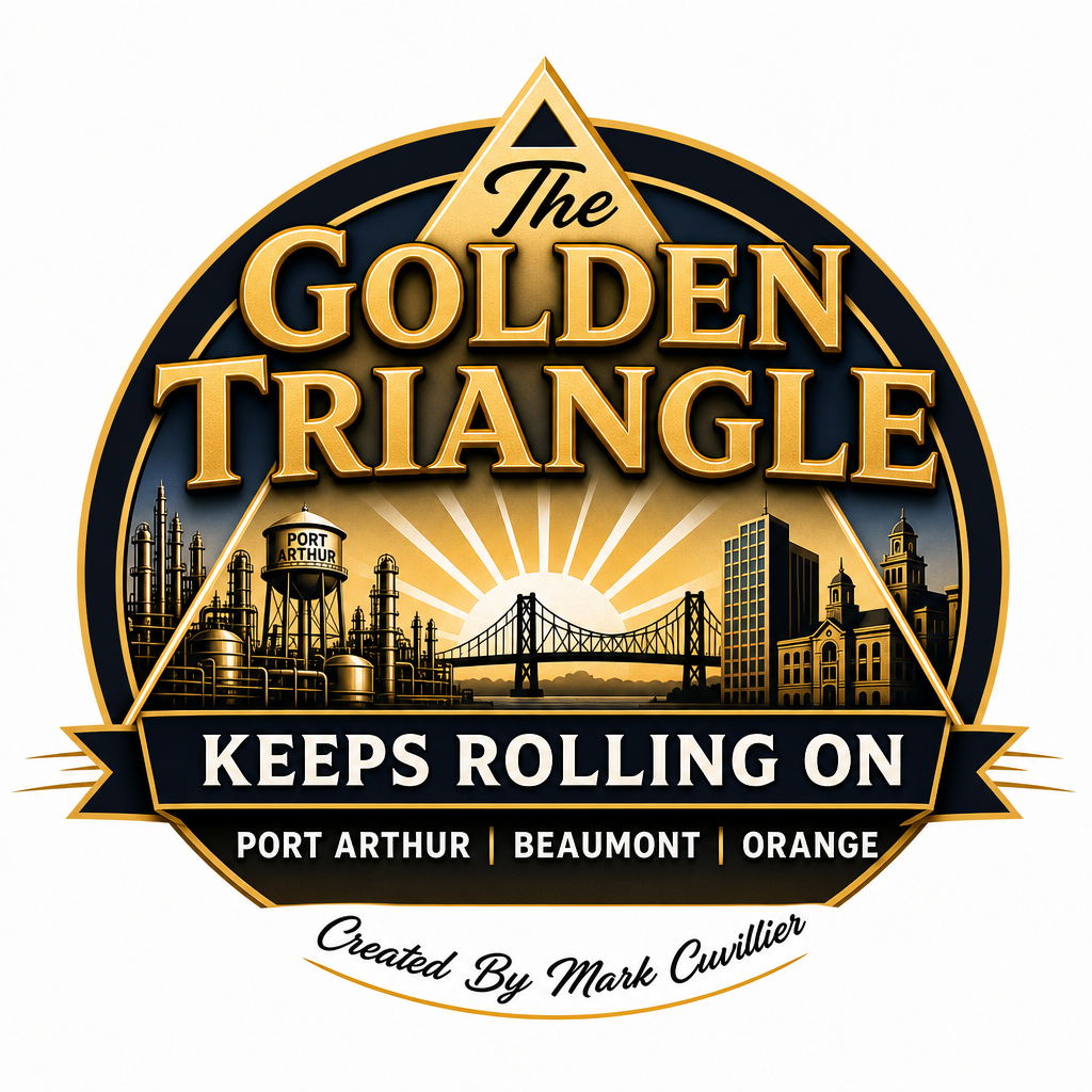 Logo for The Golden Triangle, featuring a suspension bridge, city buildings, and a sunrise, with text 'Keeps rolling on' and locations Port Arthur, Beaumont, Orange, created by Mark Cuvilier.