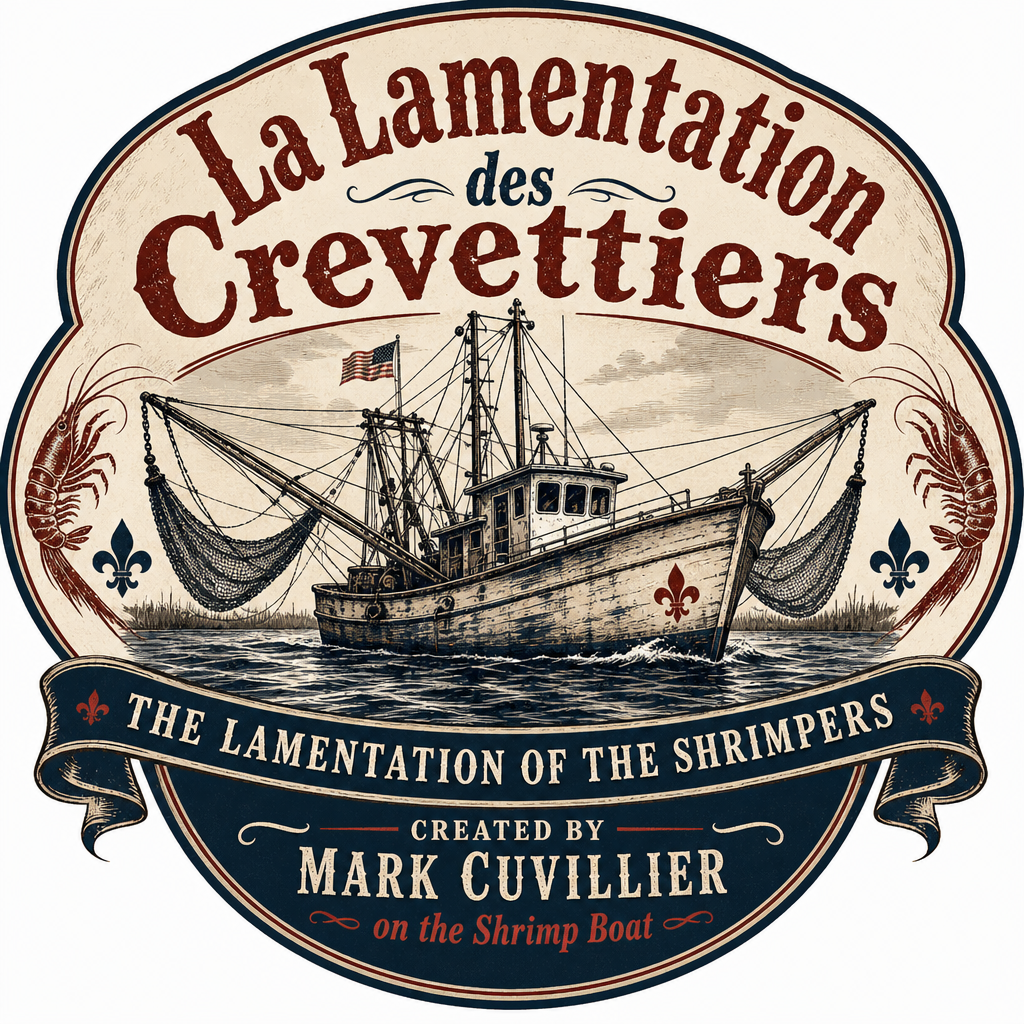 Vintage-style label with a fishing boat and shrimp graphics, featuring French and English text about shrimpers and the shrimp boat.