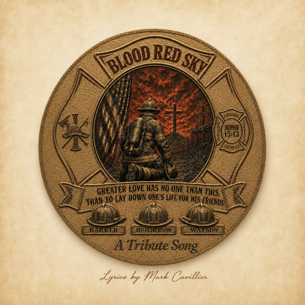 A tribute badge with a central image of a firefighter kneeling before a cross, with a red sky in the background. The badge has the title 'Blood Red Sky' at the top and features a Bible verse reference, John 15:13, on the right side. Beneath the main image is a quote about love and sacrifice, and three firefighter helmets labeled 'Barker,' 'Hutcherson,' and 'Watson.' The text 'A Tribute Song' and 'Lyrics by Mark Cuvillier' are at the bottom.