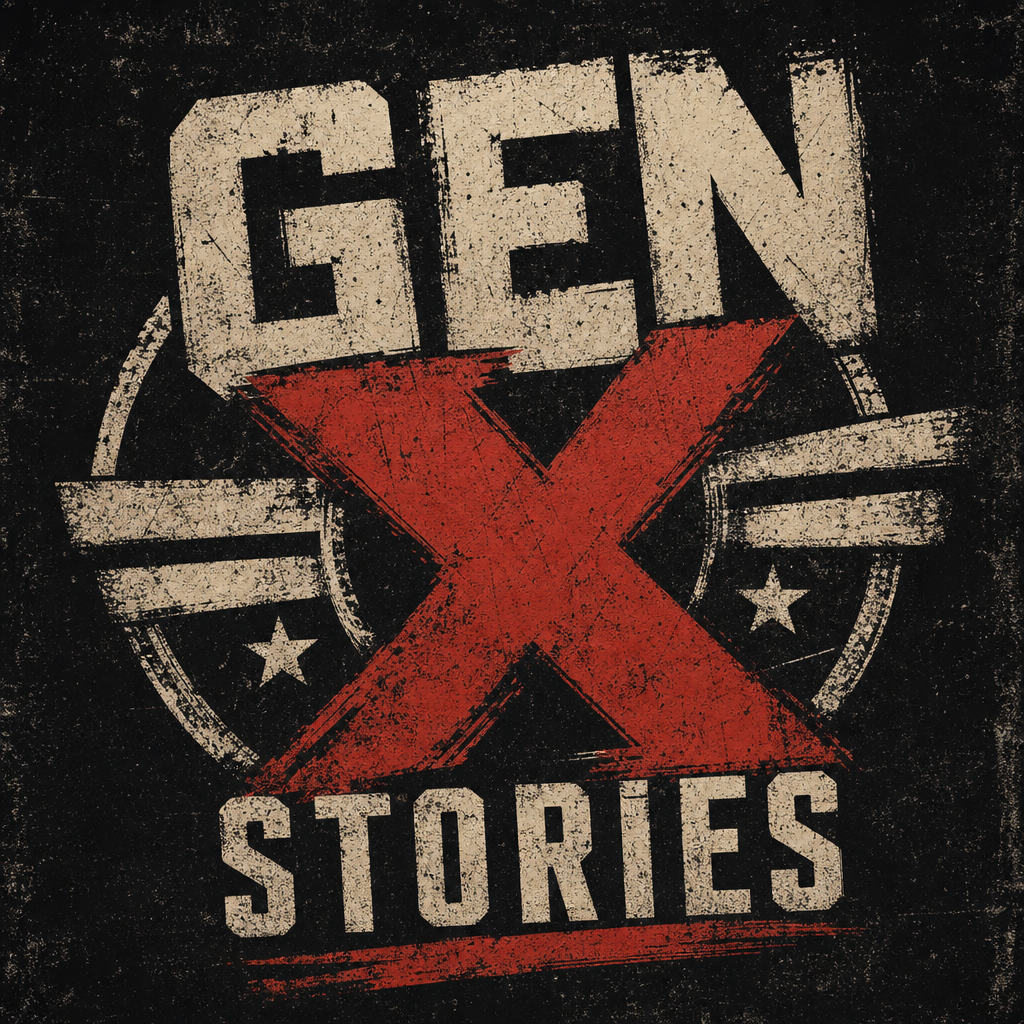 A vintage-style logo with the words "GEN X STORIES," featuring a large red X and stars, on a distressed black background.