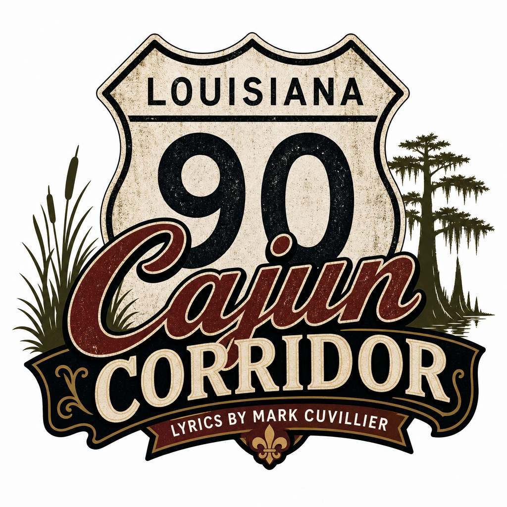 Graphic design with a Louisiana highway sign indicating 90, with the words 'Cajun Corridor' and a note about lyrics by Mark Cuvillier, featuring marsh grass and a swamp scene in the background.