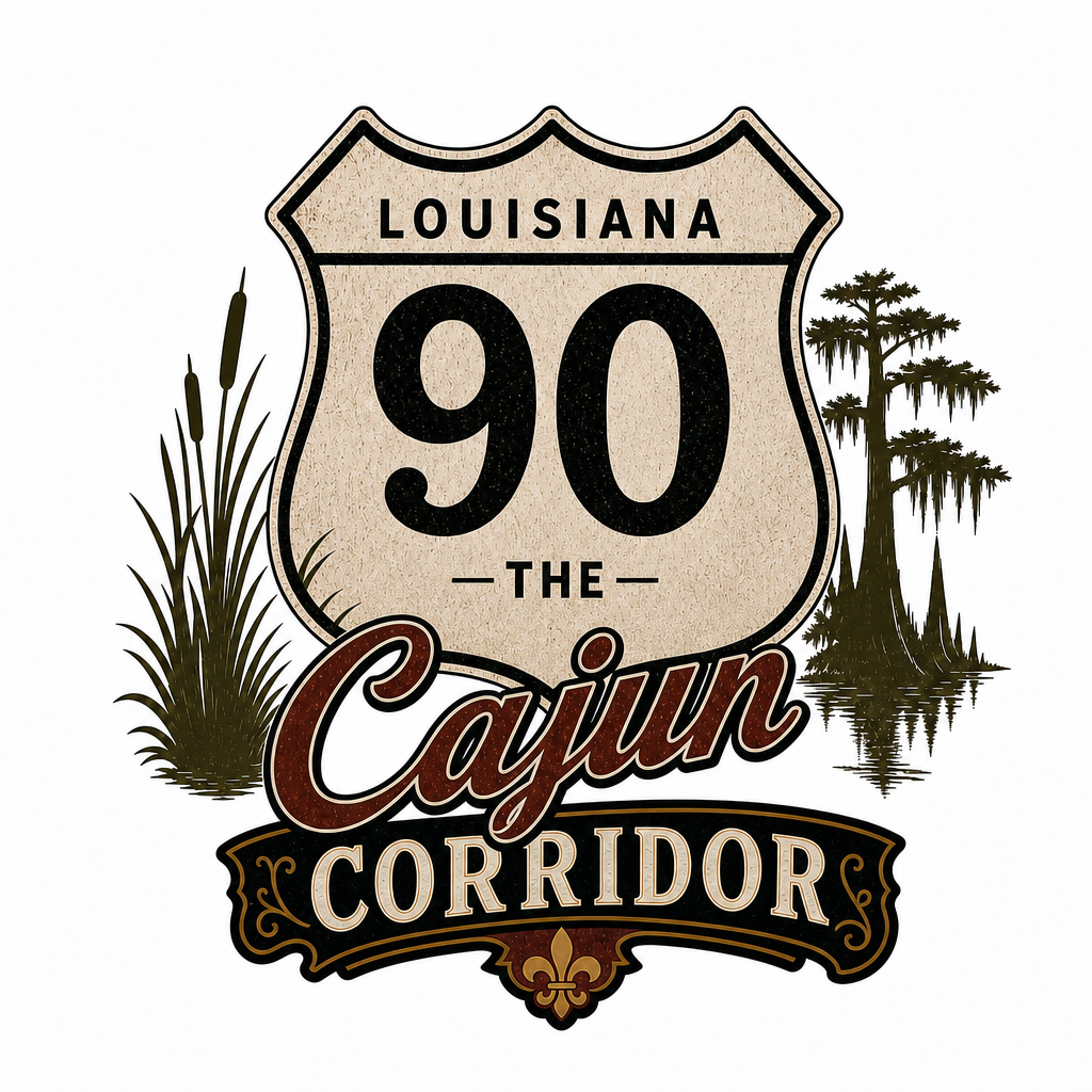 A sign for Louisiana Highway 90, known as the Cajun Corridor, featuring a vintage-style design with marsh plants and cypress trees.