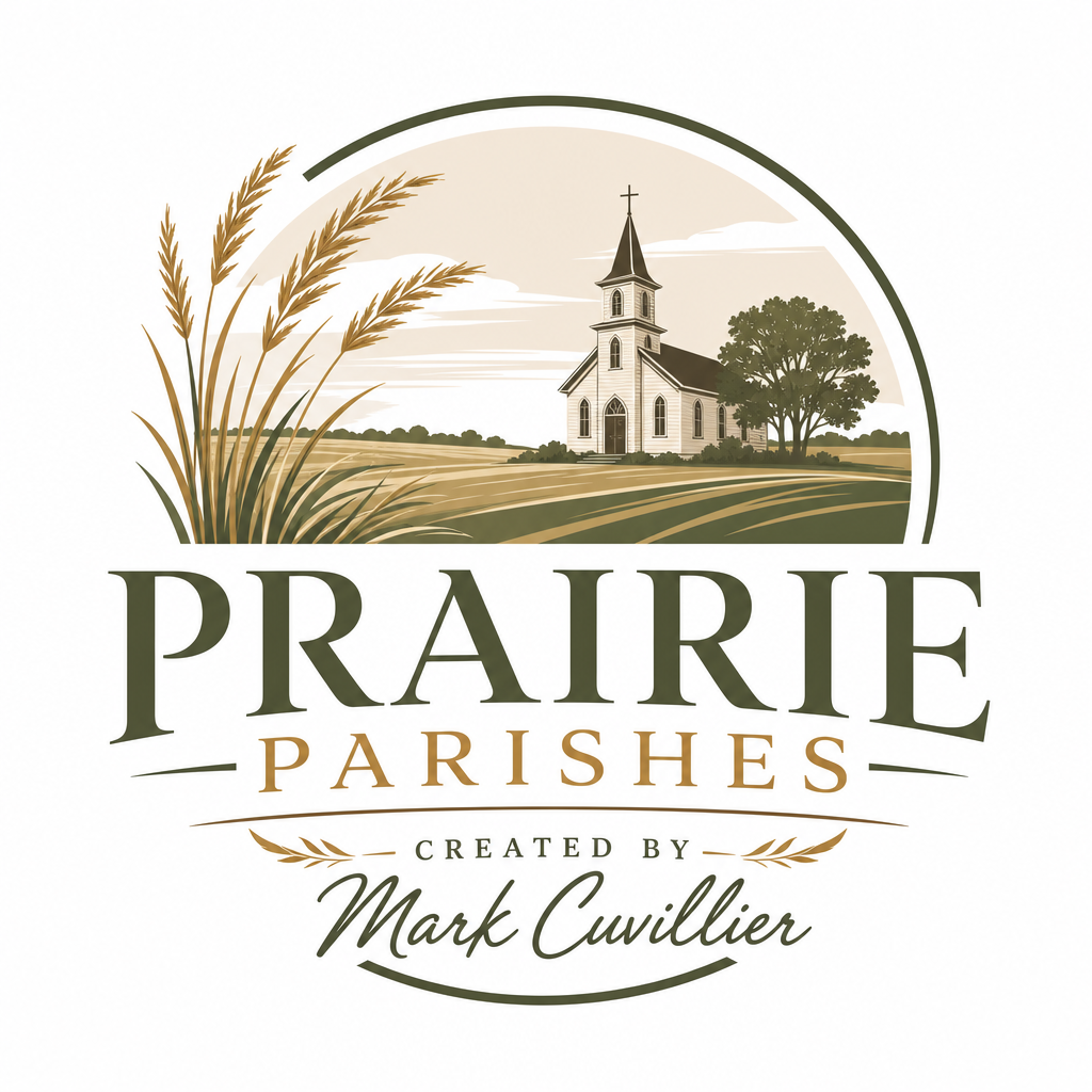 Stylized logo featuring a white church with a steeple, a large tree, and fields, with the text 'Prairie Parishes Created by Mark Cuvillier' in a rustic style.