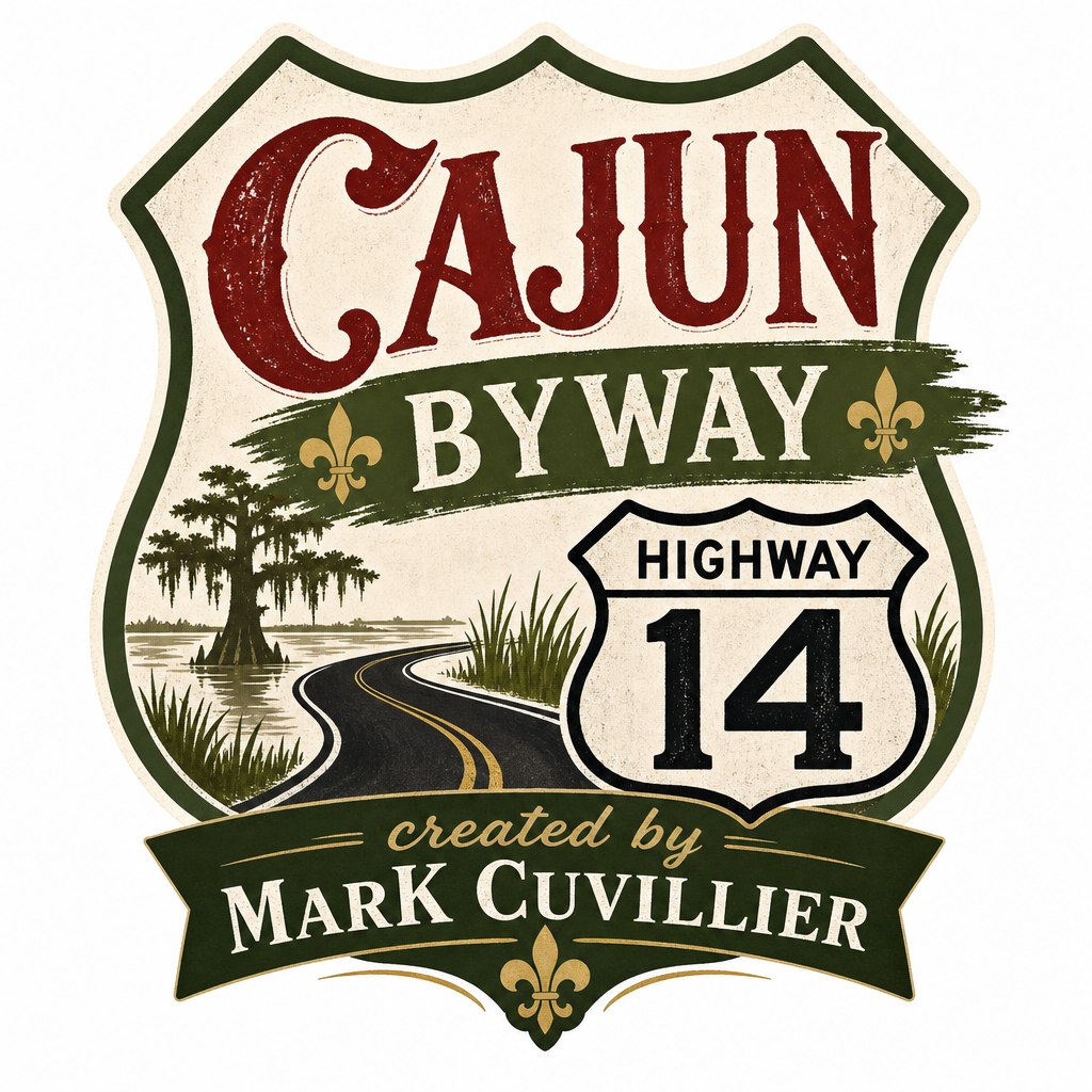 A decorative sign for Cajun Byway featuring a winding highway, a water scene with a cypress tree, and banners with text including 'created by Mark Cuvillier'.