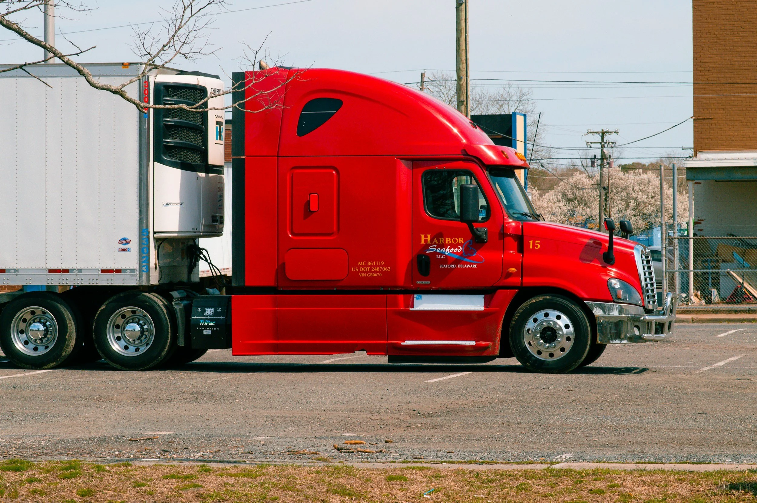 A red semi-truck parked in a lot with a white trailer attached, trees without leaves, utility poles and wires, a brick building, and a fence in the background.