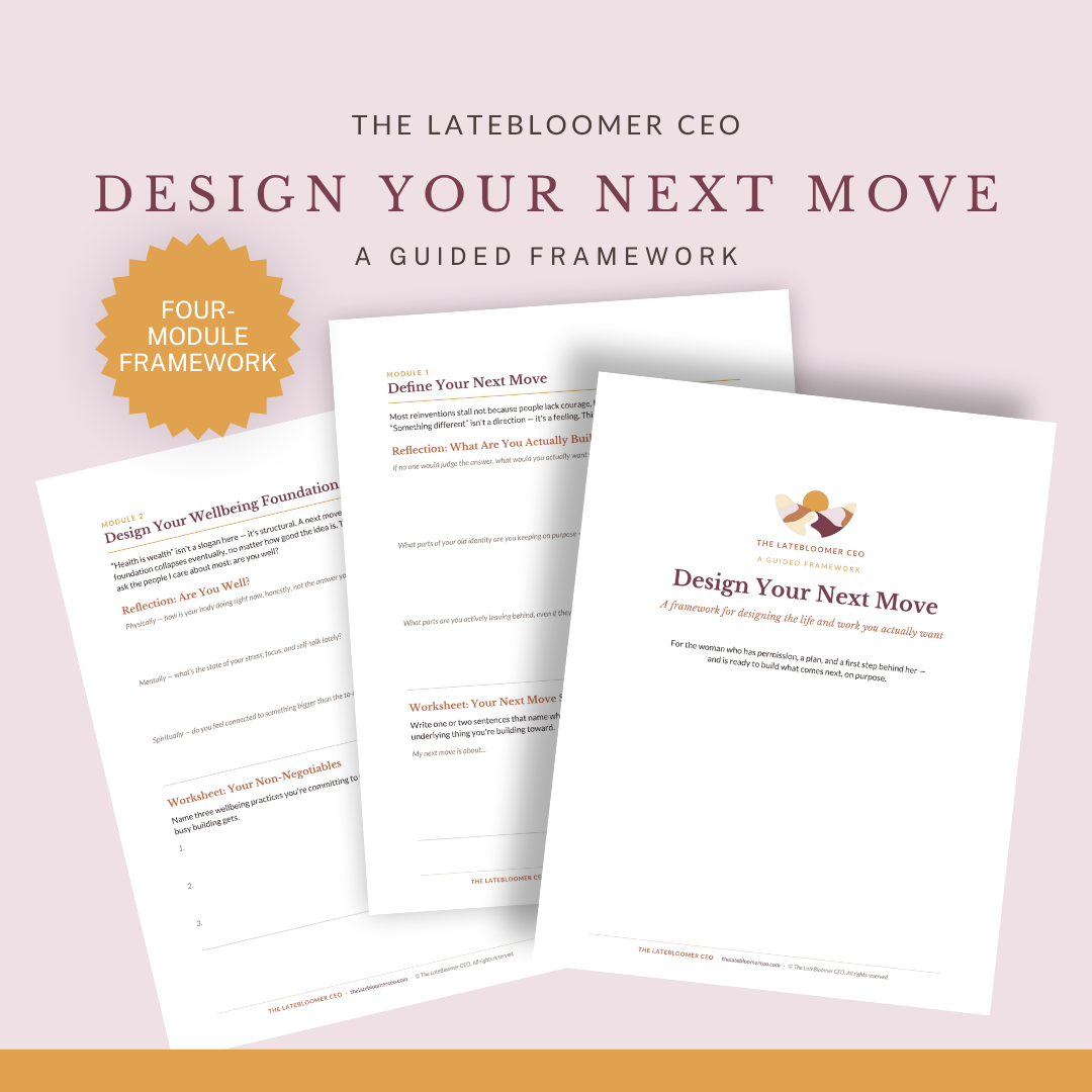 Design Your Next Move worksheet cover by The LateBloomer CEO, with sample interior pages.