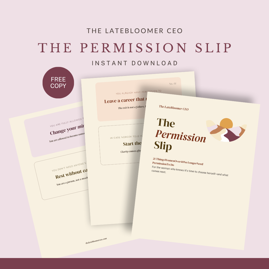 The Permission Slip guide cover by The LateBloomer CEO, with a mountain and sun illustration and sample interior pages.