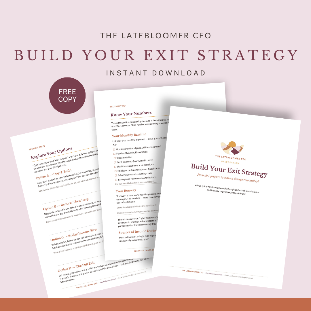 Build Your Exit Strategy guide cover by The LateBloomer CEO, with sample pages on assessing options and planning an exit.
