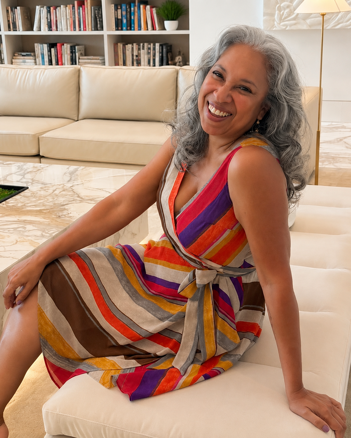 Smiling woman with gray hair in a colorful striped dress, seated in a bright living room with bookshelves behind her.