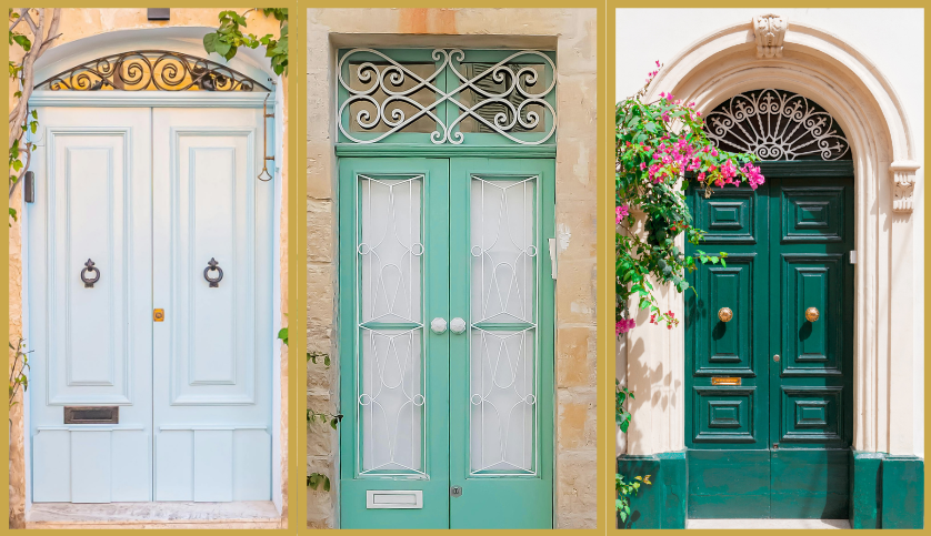 A "Coaching Packages" header above three side-by-side photos of ornate arched doors, a pale blue double door, a mint green double door, and a dark green door framed by pink bougainvillea, each with decorative wrought iron detailing above the doorway.