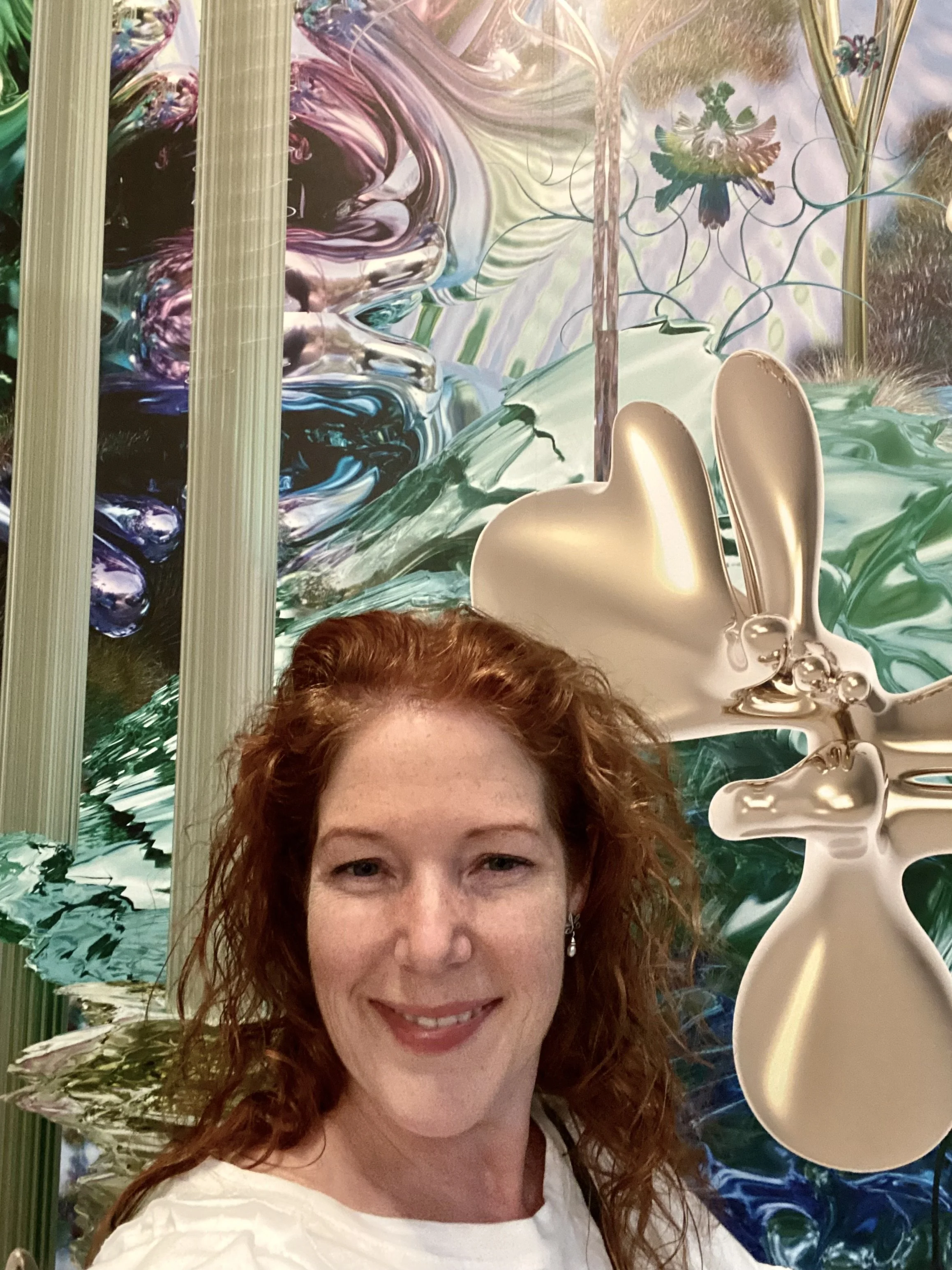 Amanda Bacqué inside Galeries Lafayette Paris on the historic Art Nouveau staircase featuring the Stairway to Heavens permanent artwork by Studio GGSV August 2025.
