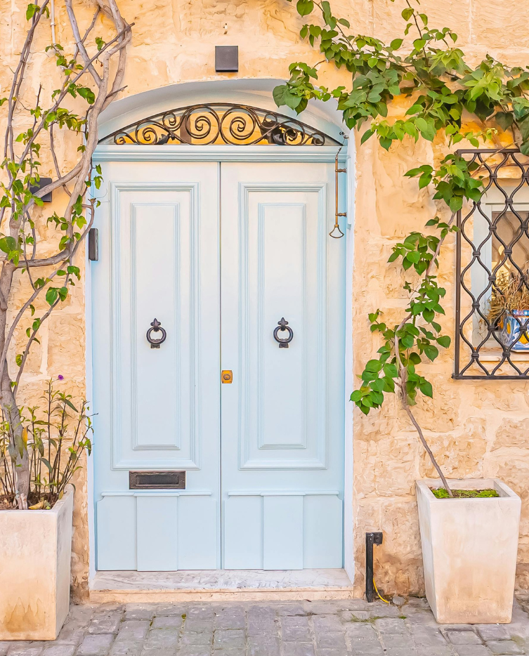 Pale blue double door with arched iron transom on a stone facade, framed by climbing vines.