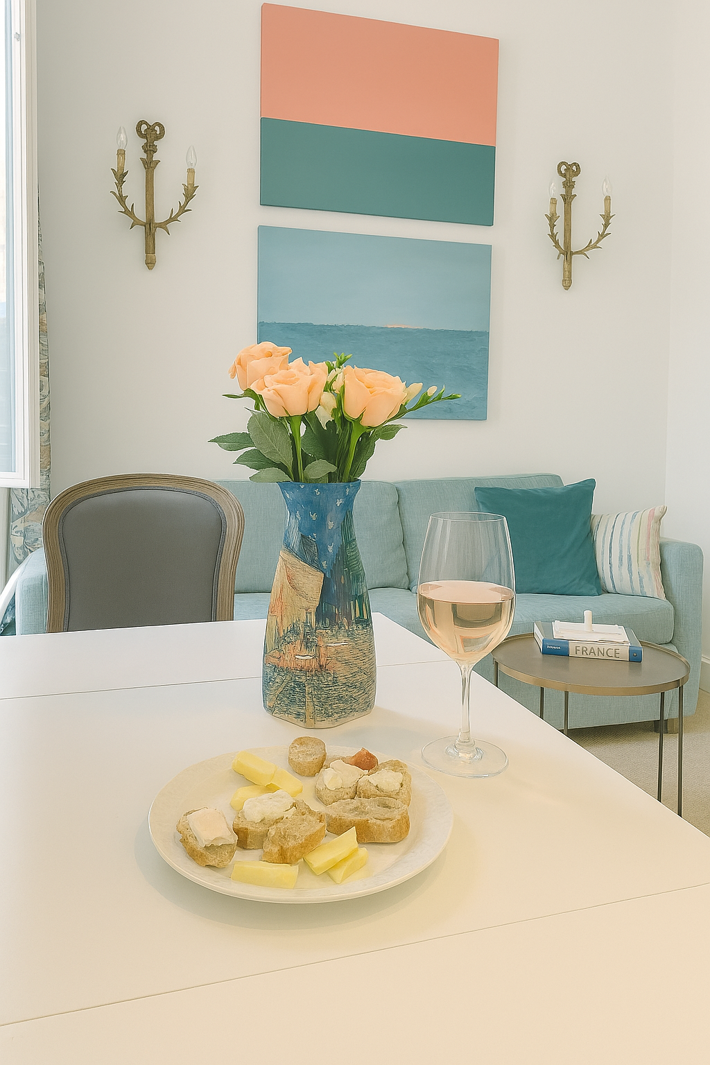 Amanda Bacqué's rented Paris apartment with a vase of flowers and glass of rosé wine August 2025.