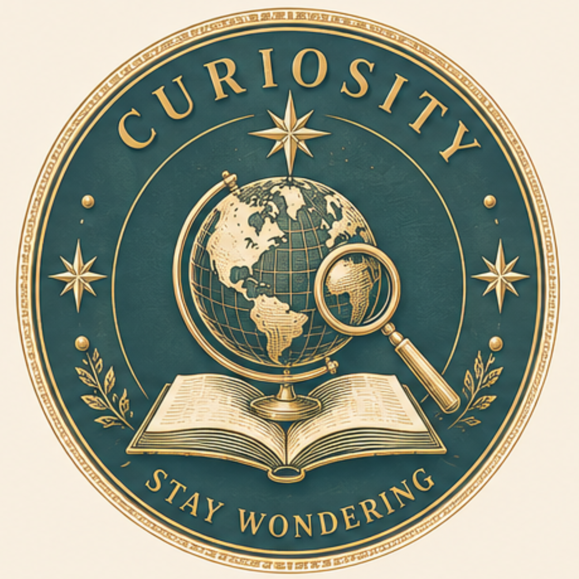 A circular emblem with a gold and dark green color scheme. It features a globe at the center, surrounded by ornate gold decorations and the words 'CURIOSITY,' 'STAY WUNDERING,' and other partially visible text around the edge.