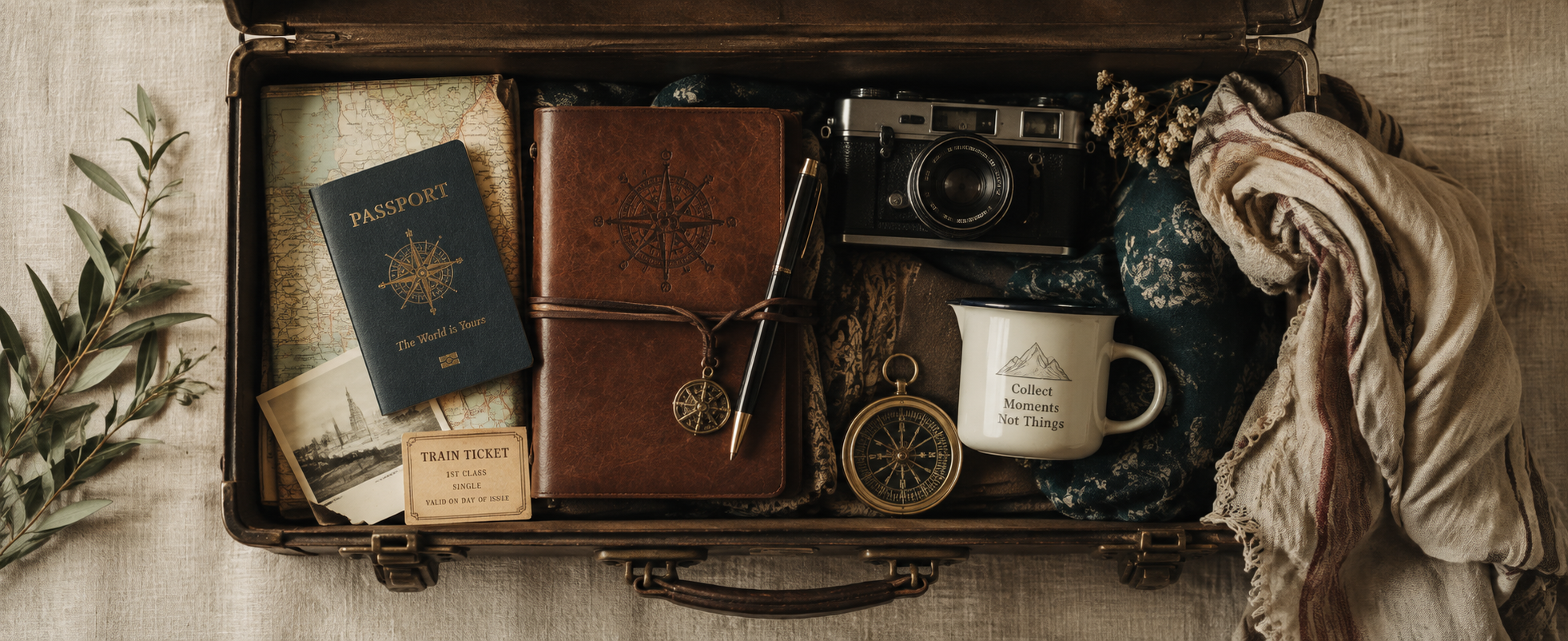 An open vintage suitcase containing travel essentials: a passport, a small notebook with a compass charm, a camera, a mug with the text "Collect Moments Not Things," a pocket watch, a train ticket, a map, a pen, and clothing items, with a sprig of greenery on the side.