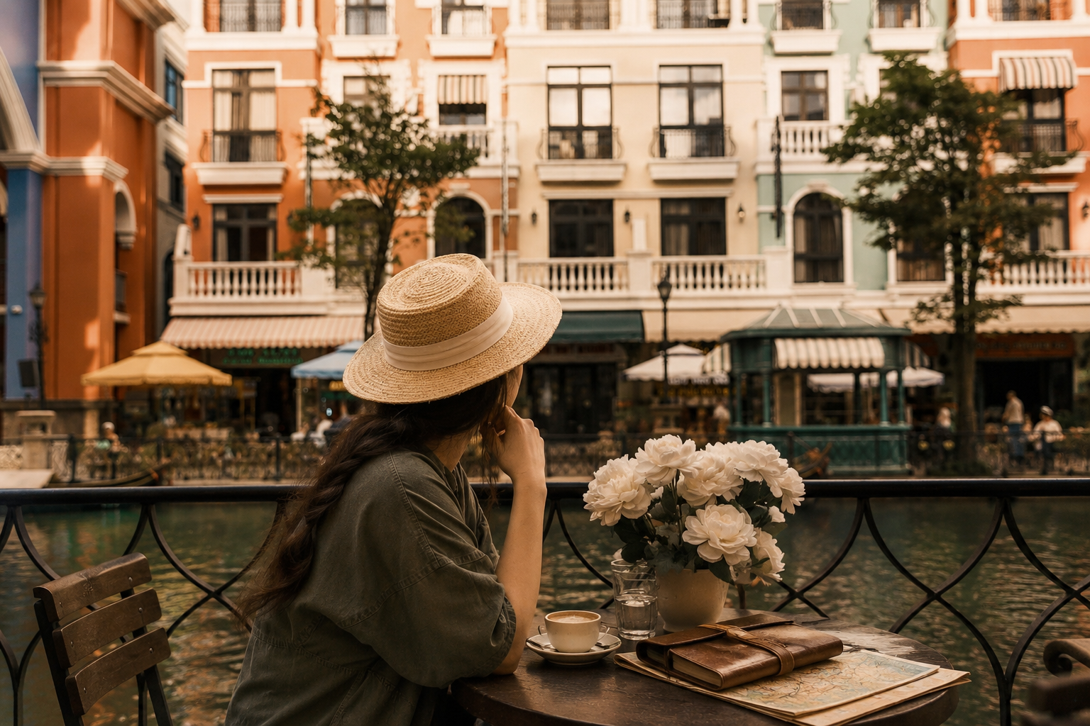A woman wearing a straw hat and an olive green shirt sits at an outdoor café by a canal, looking at the colorful European-style buildings across the water, with a cup of coffee, a glass of water, a leather wallet, and a map on the table, with a bouquet of white flowers in a vase.