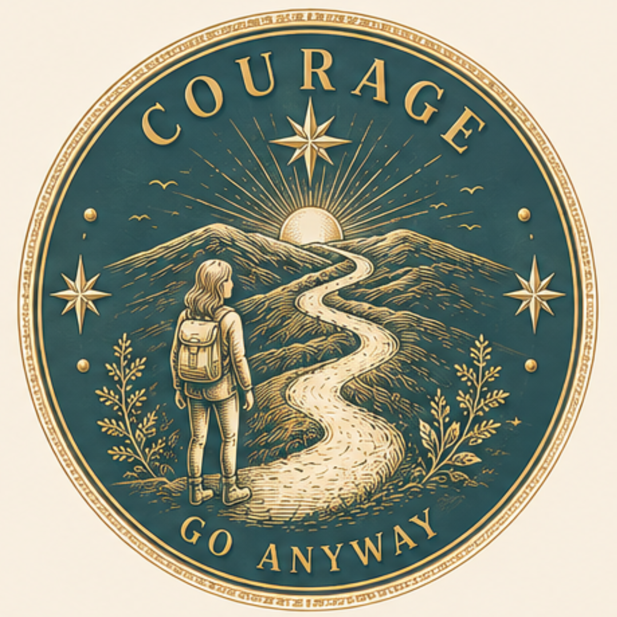 Seal for Courage County, Wyoming, featuring a hiker walking a trail toward mountains and sunrise, with stars, a compass rose, and decorative border.