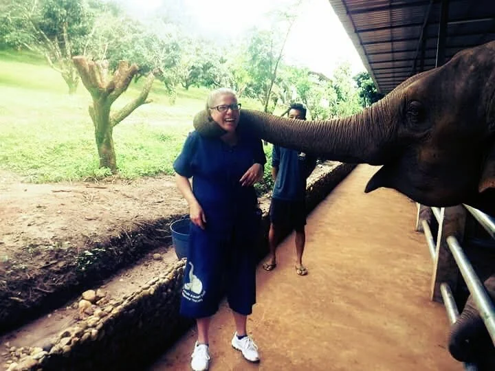 A woman smiling as an elephant touches her face with its trunk, at an animal sanctuary in Chiang Mai Thailand.