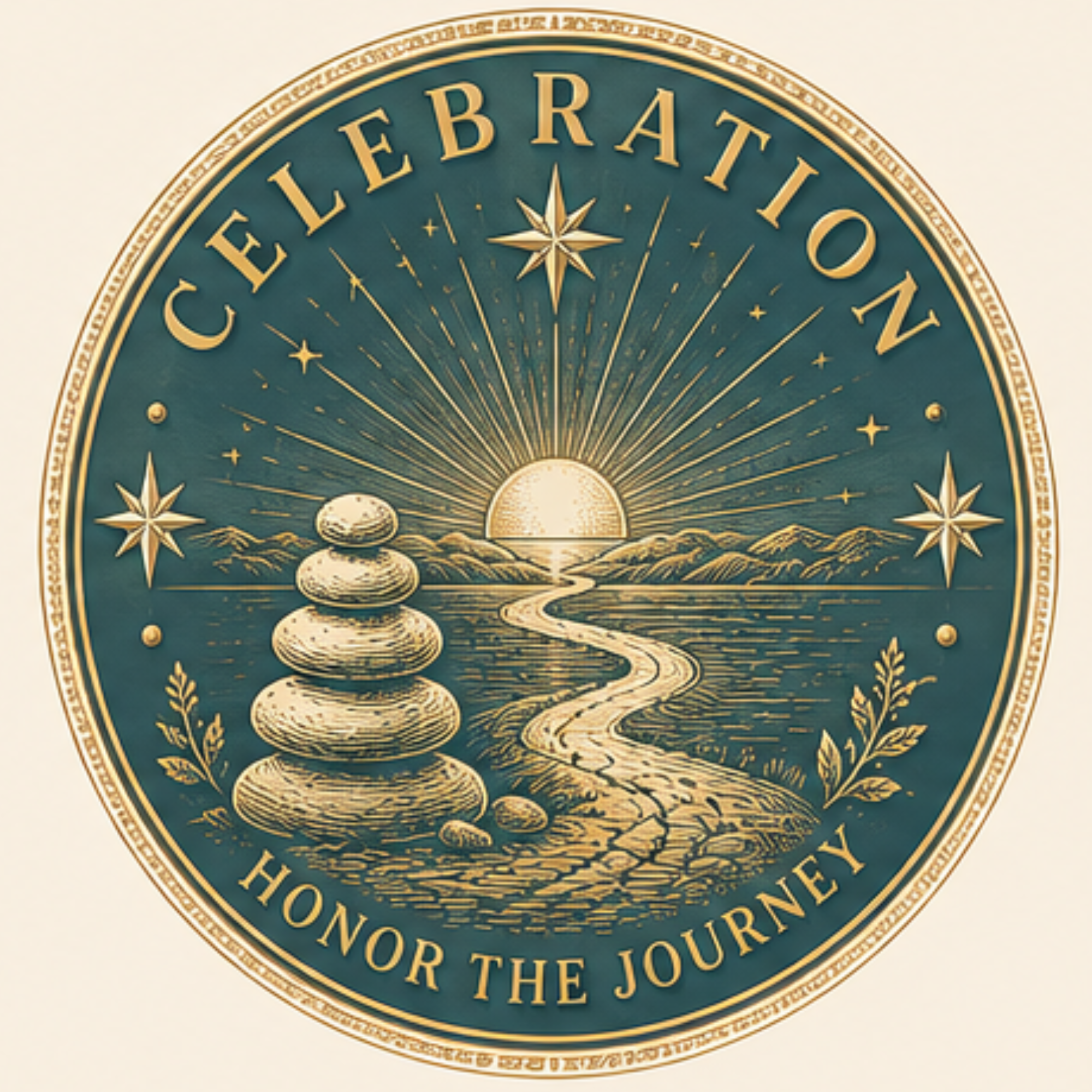 Close-up of a circular emblem or sign with gold and teal colors. The emblem features a sunset or sunrise over mountains with radiant lines extending outward, and the words 'Celebrate' and 'Honoring' are partially visible around the circle.