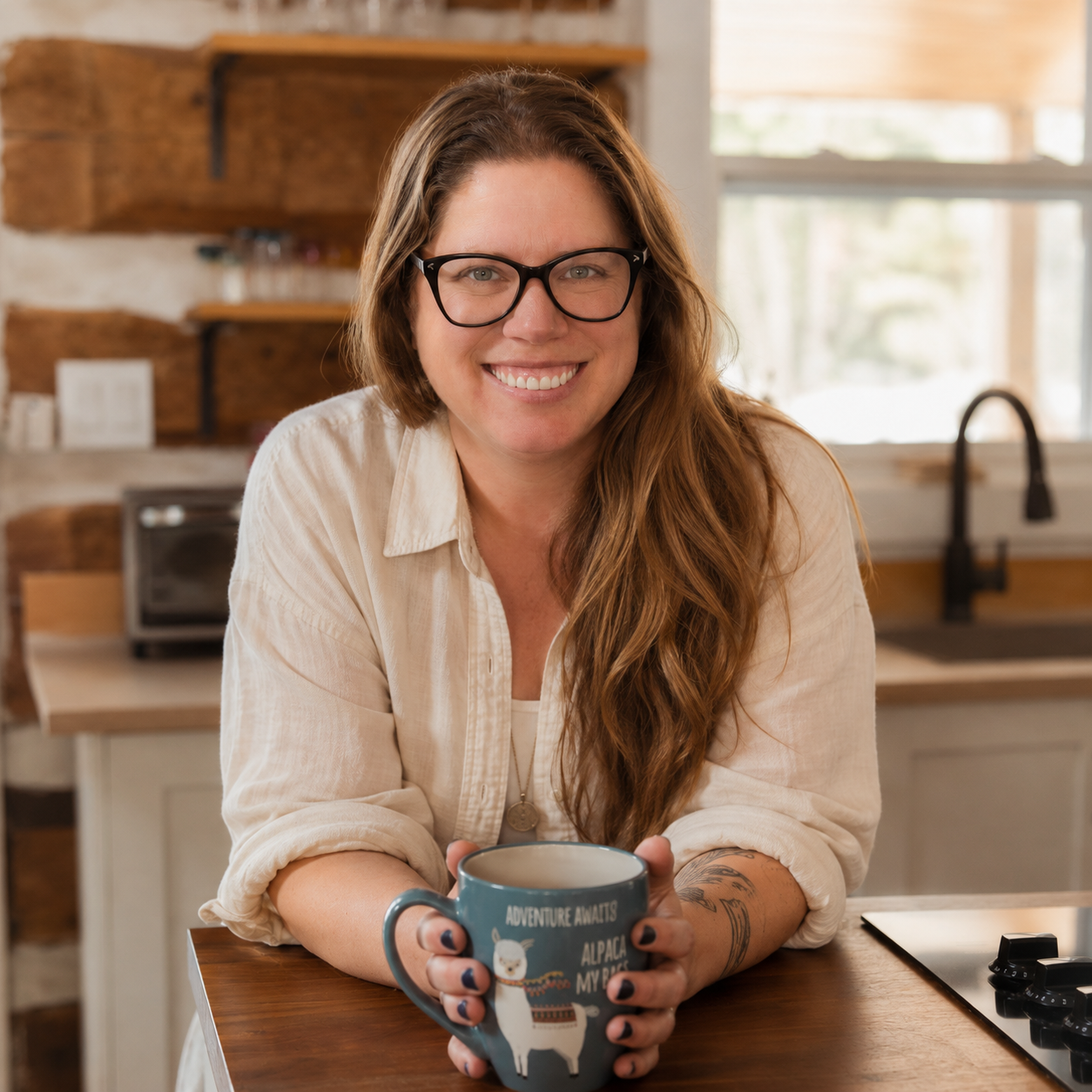 A woman with long wavy red hair, glasses, and a beige button-up shirt sitting at a kitchen counter, smiling, holding a blue mug with alpaca illustrations.