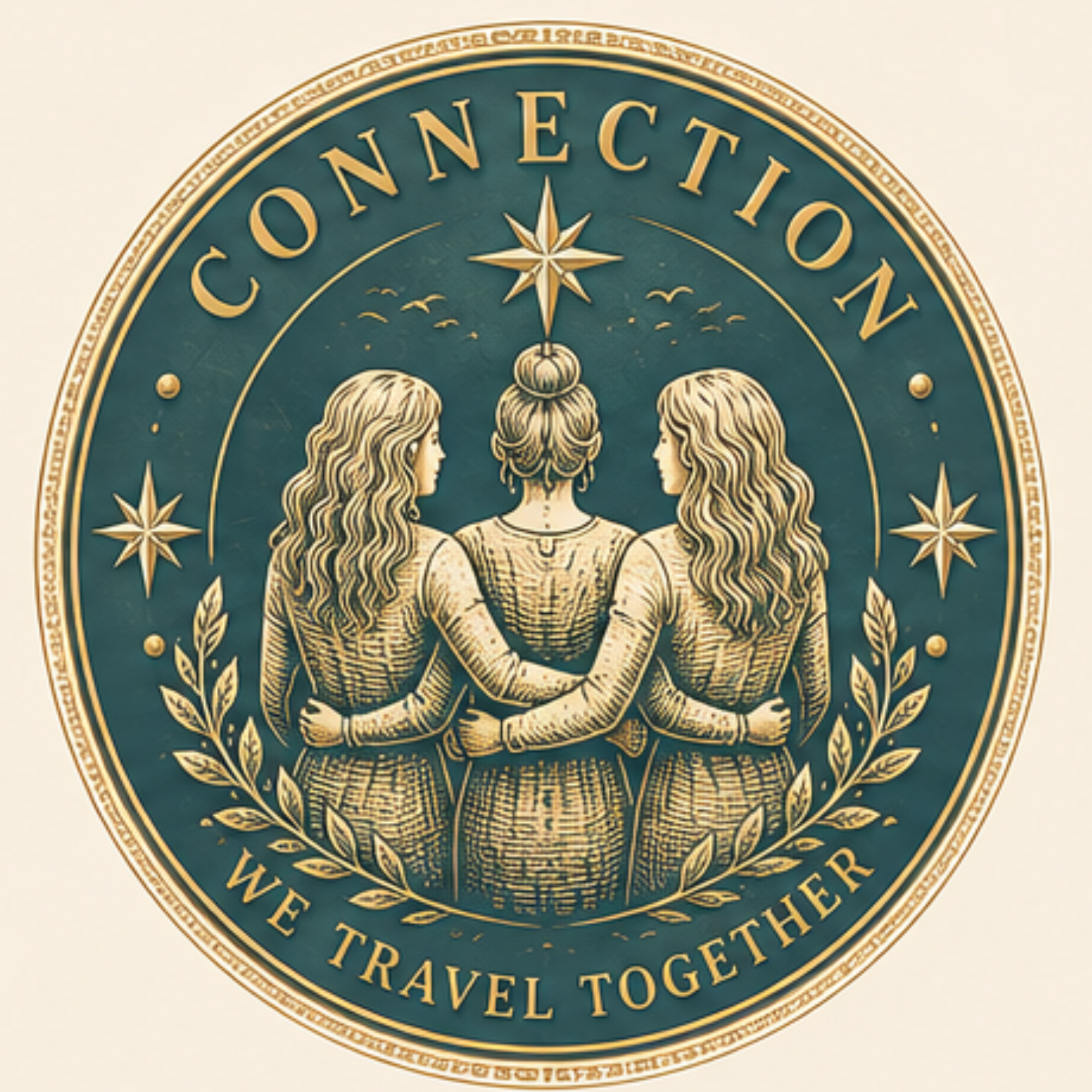 Close-up image of a circular emblem with the words "Connecticut" and "Travel Together" on a green background with gold accents, featuring a design of two women with long wavy hair holding a globe, a compass in the center, and stars and laurel leaves.